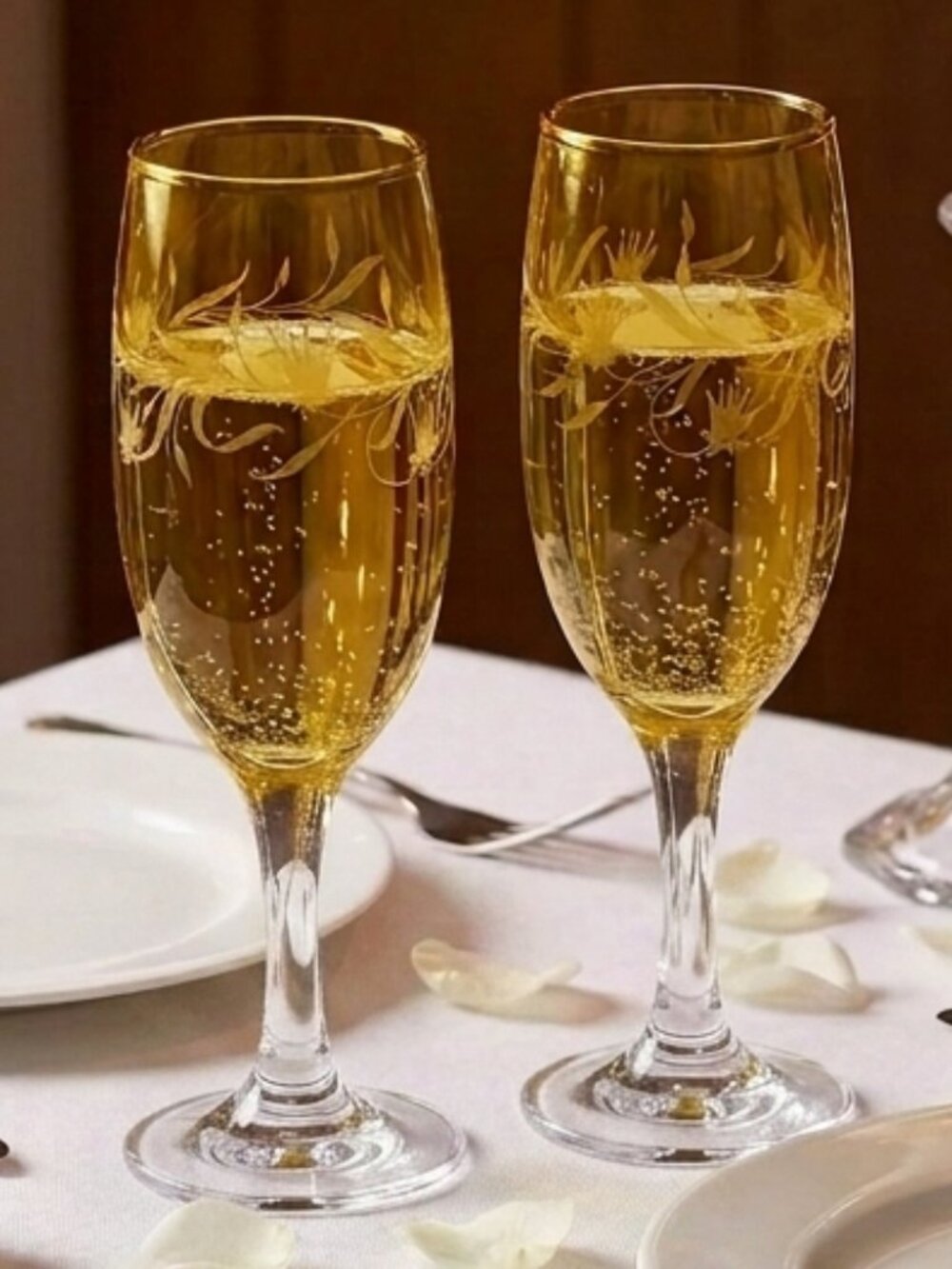 Vintage Pair of Glass Champagne Flutes Yellow Amber Floral Etching